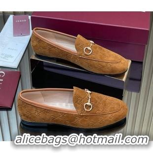 Pretty Style Gucci Jordaan GG Allover Suede Flat Loafers with Horsebit Light Brown 2025 840725