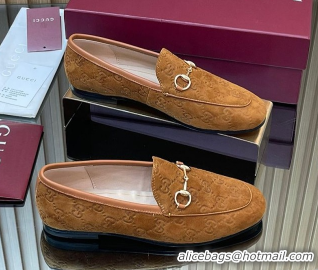 Pretty Style Gucci Jordaan GG Allover Suede Flat Loafers with Horsebit Light Brown 2025 840725