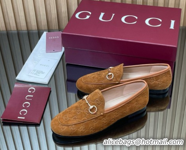 Pretty Style Gucci Jordaan GG Allover Suede Flat Loafers with Horsebit Light Brown 2025 840725