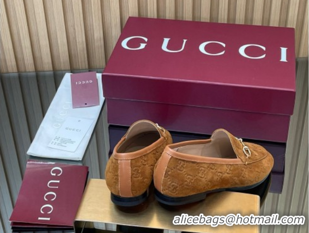 Pretty Style Gucci Jordaan GG Allover Suede Flat Loafers with Horsebit Light Brown 2025 840725