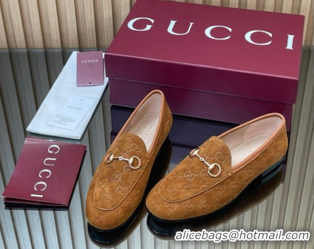 Pretty Style Gucci Jordaan GG Allover Suede Flat Loafers with Horsebit Light Brown 2025 840725