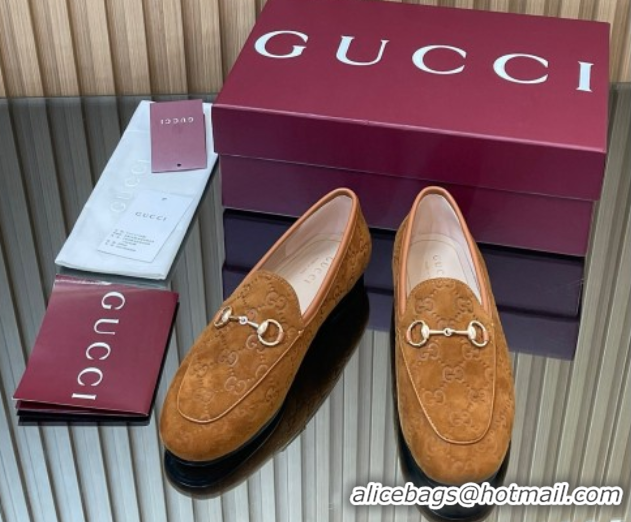 Pretty Style Gucci Jordaan GG Allover Suede Flat Loafers with Horsebit Light Brown 2025 840725