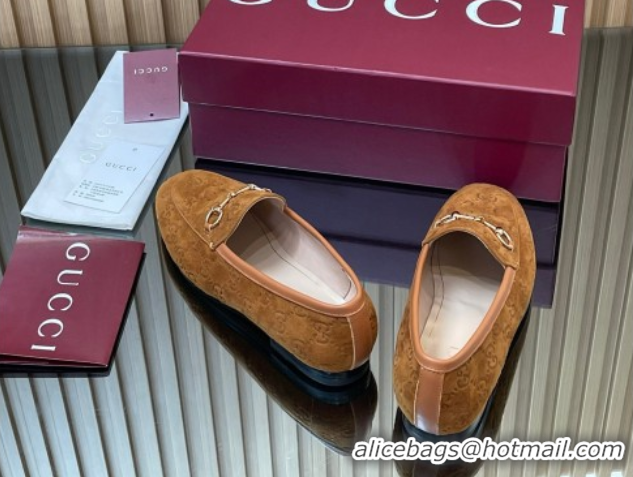 Pretty Style Gucci Jordaan GG Allover Suede Flat Loafers with Horsebit Light Brown 2025 840725