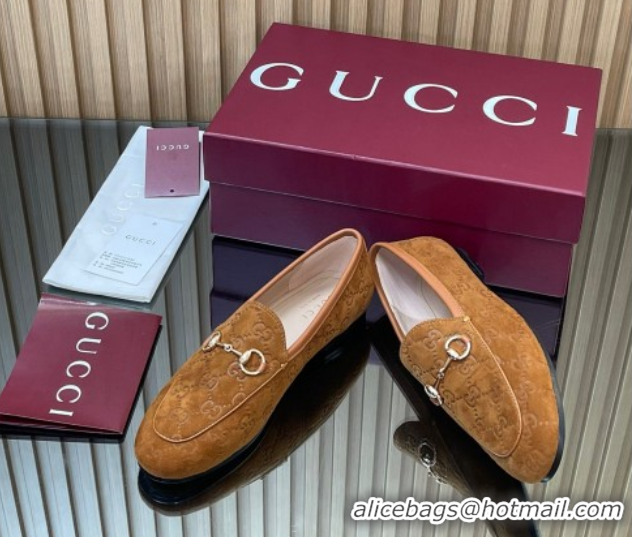 Pretty Style Gucci Jordaan GG Allover Suede Flat Loafers with Horsebit Light Brown 2025 840725