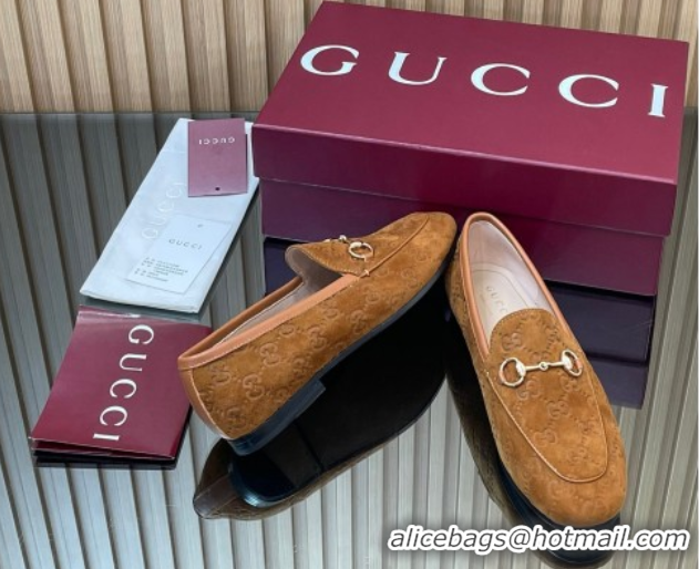 Pretty Style Gucci Jordaan GG Allover Suede Flat Loafers with Horsebit Light Brown 2025 840725