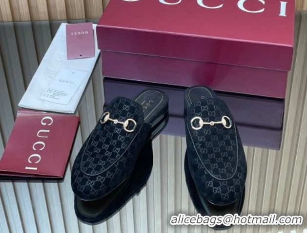 Best Product Gucci Princetown GG Allover Suede Flat Slipper with Horsebit Black 813864