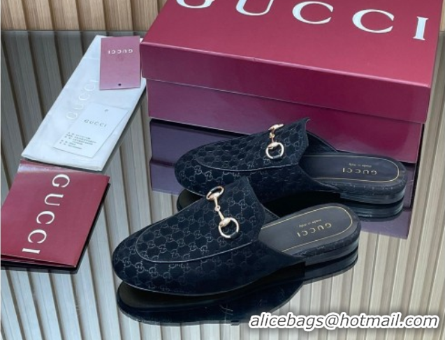 Best Product Gucci Princetown GG Allover Suede Flat Slipper with Horsebit Black 813864