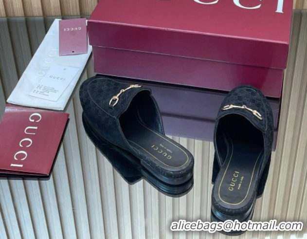 Best Product Gucci Princetown GG Allover Suede Flat Slipper with Horsebit Black 813864