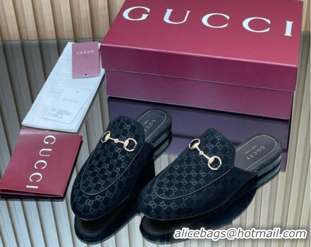Best Product Gucci Princetown GG Allover Suede Flat Slipper with Horsebit Black 813864