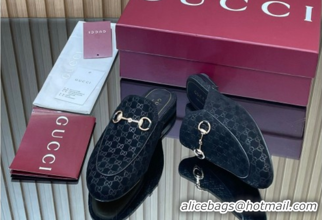 Best Product Gucci Princetown GG Allover Suede Flat Slipper with Horsebit Black 813864