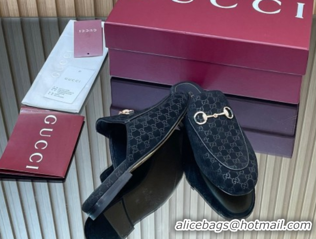 Best Product Gucci Princetown GG Allover Suede Flat Slipper with Horsebit Black 813864