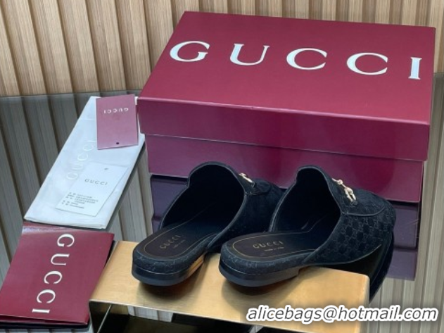 Best Product Gucci Princetown GG Allover Suede Flat Slipper with Horsebit Black 813864