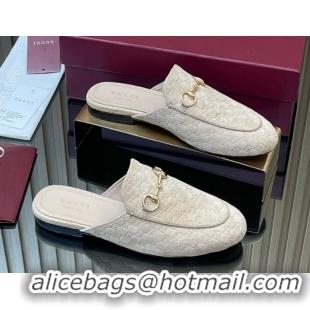 Top Grade Gucci Princetown GG Allover Suede Flat Slipper with Horsebit Beige Grey 813864