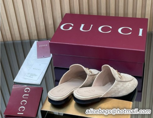 Top Grade Gucci Princetown GG Allover Suede Flat Slipper with Horsebit Beige Grey 813864