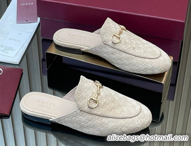 Top Grade Gucci Princetown GG Allover Suede Flat Slipper with Horsebit Beige Grey 813864