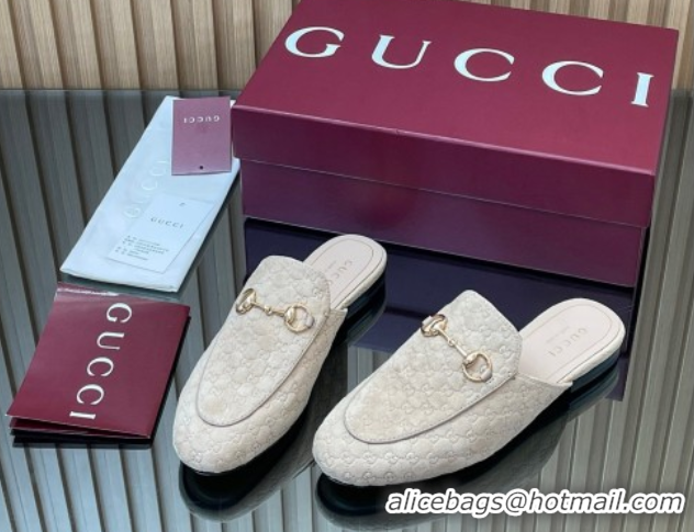Top Grade Gucci Princetown GG Allover Suede Flat Slipper with Horsebit Beige Grey 813864