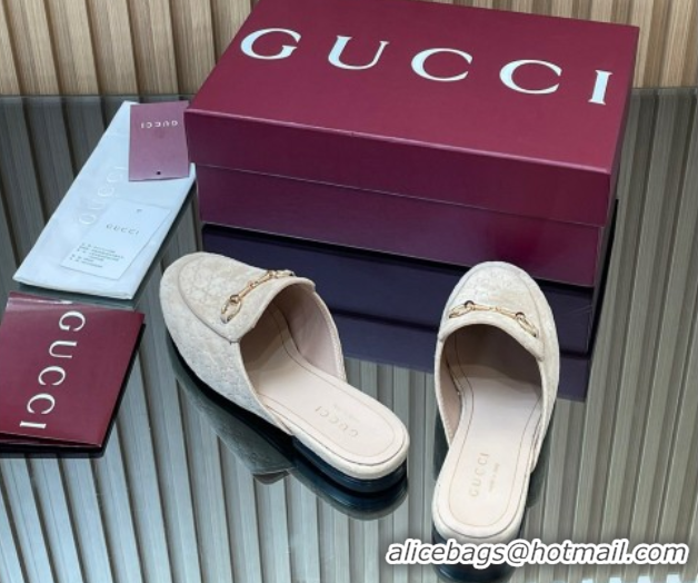Top Grade Gucci Princetown GG Allover Suede Flat Slipper with Horsebit Beige Grey 813864