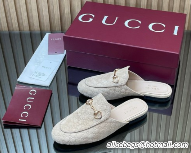Top Grade Gucci Princetown GG Allover Suede Flat Slipper with Horsebit Beige Grey 813864