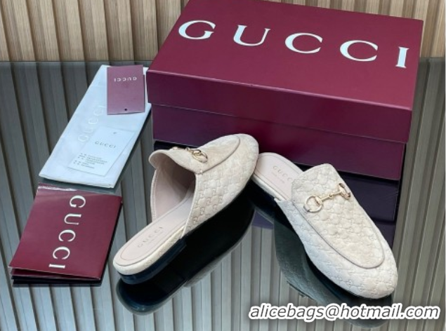 Top Grade Gucci Princetown GG Allover Suede Flat Slipper with Horsebit Beige Grey 813864