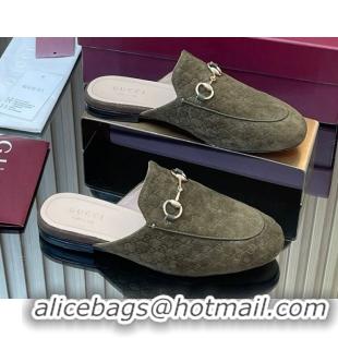 Unique Style Gucci Princetown GG Allover Suede Flat Slipper with Horsebit Green 813864