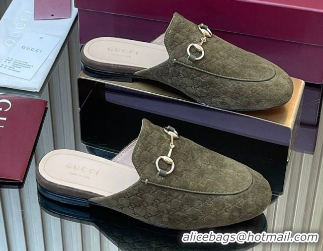 Unique Style Gucci Princetown GG Allover Suede Flat Slipper with Horsebit Green 813864