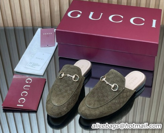 Unique Style Gucci Princetown GG Allover Suede Flat Slipper with Horsebit Green 813864