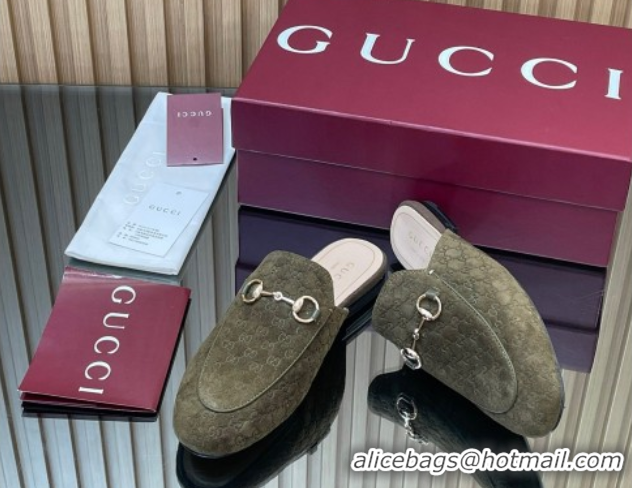 Unique Style Gucci Princetown GG Allover Suede Flat Slipper with Horsebit Green 813864