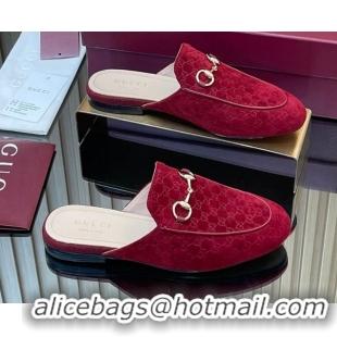 Good Quality Gucci Princetown GG Allover Suede Flat Slipper with Horsebit Red 813864