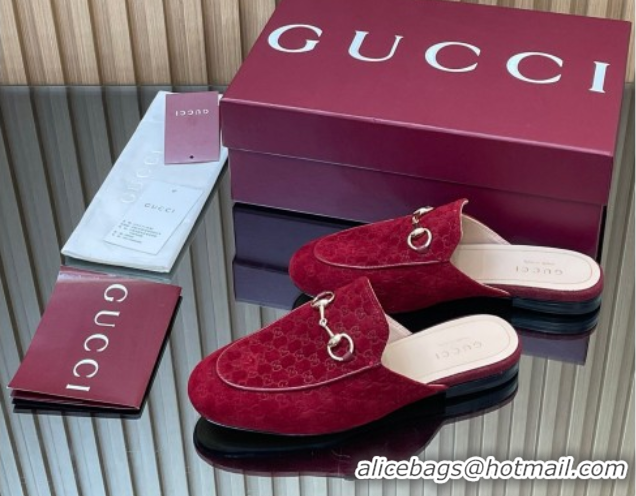 Good Quality Gucci Princetown GG Allover Suede Flat Slipper with Horsebit Red 813864