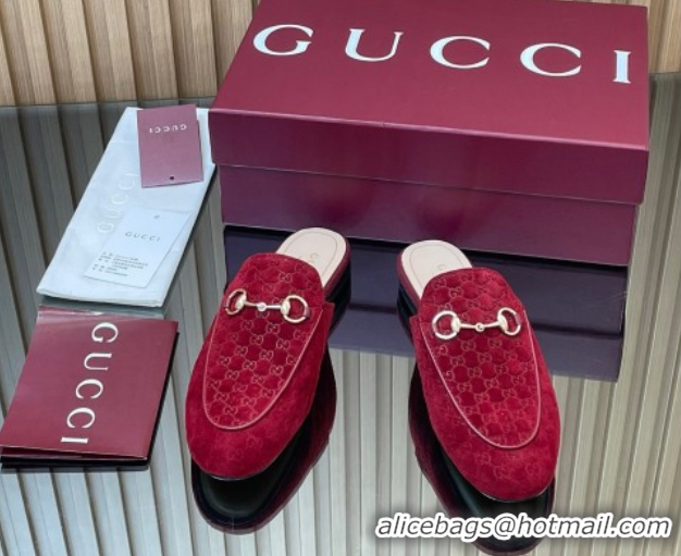 Good Quality Gucci Princetown GG Allover Suede Flat Slipper with Horsebit Red 813864