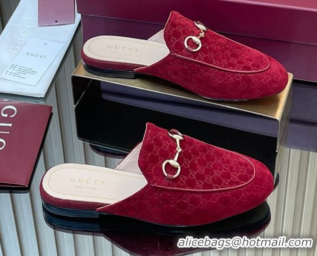 Good Quality Gucci Princetown GG Allover Suede Flat Slipper with Horsebit Red 813864