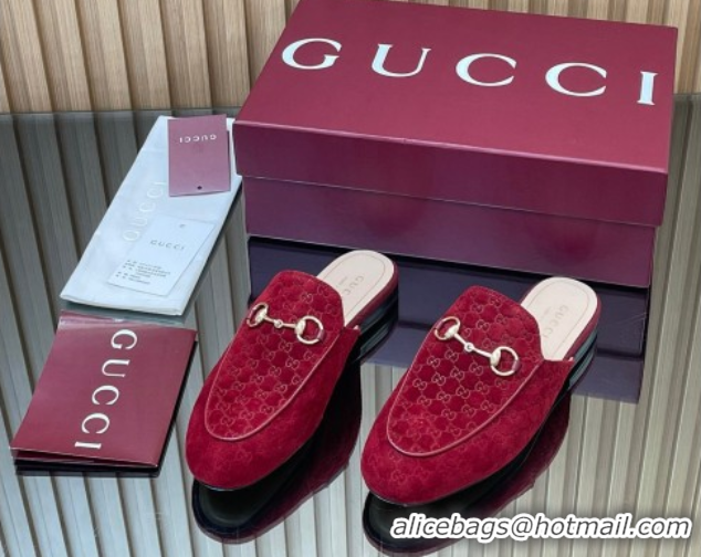 Good Quality Gucci Princetown GG Allover Suede Flat Slipper with Horsebit Red 813864
