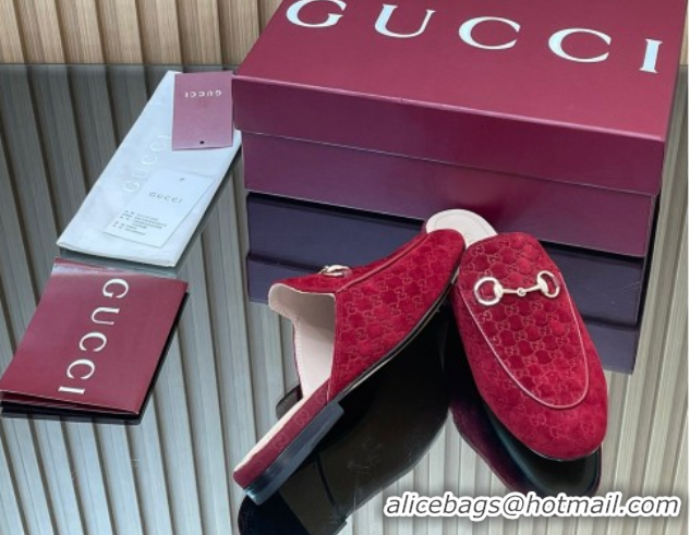 Good Quality Gucci Princetown GG Allover Suede Flat Slipper with Horsebit Red 813864