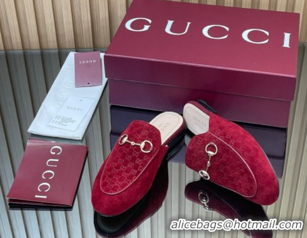 Good Quality Gucci Princetown GG Allover Suede Flat Slipper with Horsebit Red 813864