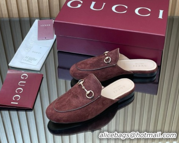 Grade Quality Gucci Princetown GG Allover Suede Flat Slipper with Horsebit Dark Brown 813864