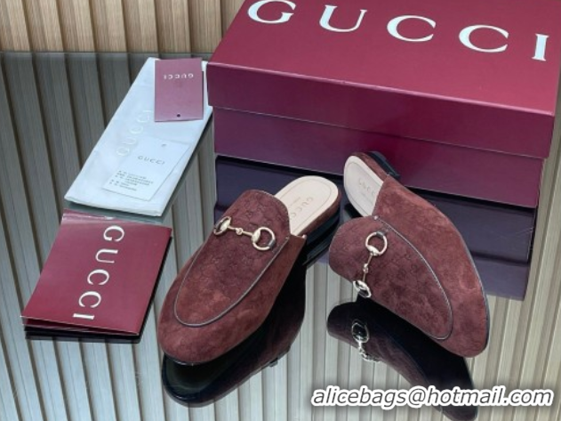 Grade Quality Gucci Princetown GG Allover Suede Flat Slipper with Horsebit Dark Brown 813864