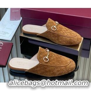 Purchase Gucci Princetown GG Allover Suede Flat Slipper with Horsebit Light Brown 813864