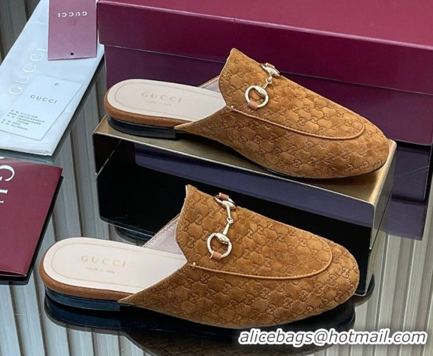 Purchase Gucci Princetown GG Allover Suede Flat Slipper with Horsebit Light Brown 813864