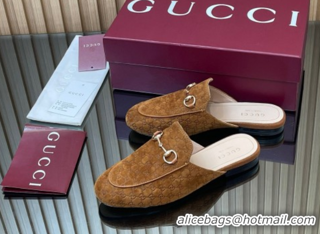 Purchase Gucci Princetown GG Allover Suede Flat Slipper with Horsebit Light Brown 813864