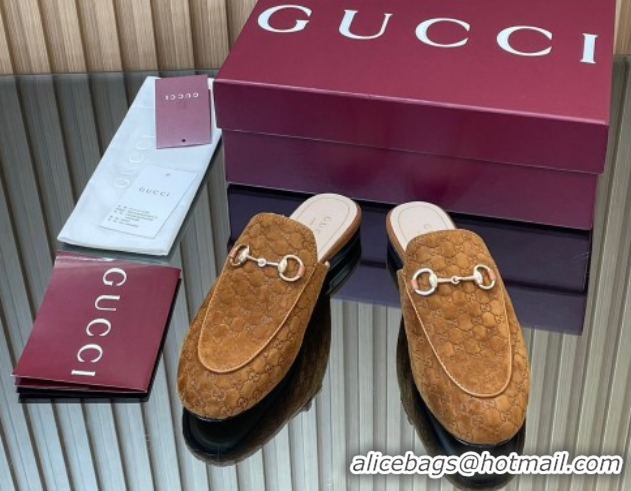 Purchase Gucci Princetown GG Allover Suede Flat Slipper with Horsebit Light Brown 813864