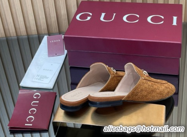 Purchase Gucci Princetown GG Allover Suede Flat Slipper with Horsebit Light Brown 813864
