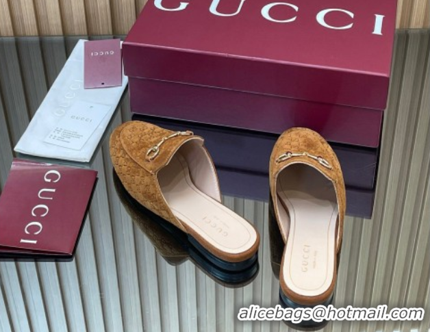 Purchase Gucci Princetown GG Allover Suede Flat Slipper with Horsebit Light Brown 813864