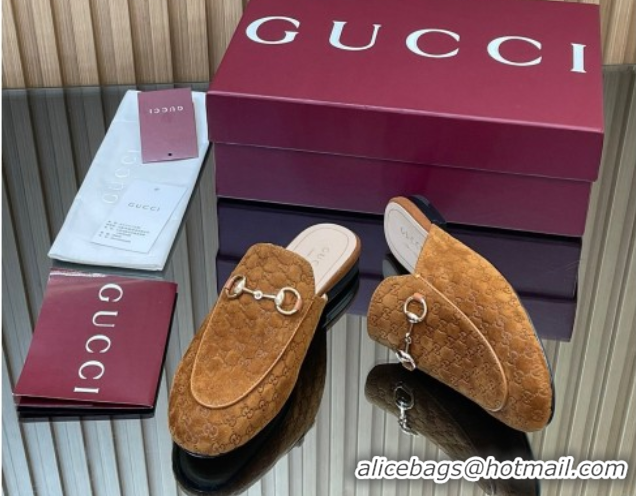 Purchase Gucci Princetown GG Allover Suede Flat Slipper with Horsebit Light Brown 813864
