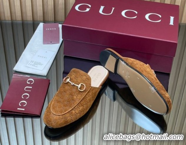 Purchase Gucci Princetown GG Allover Suede Flat Slipper with Horsebit Light Brown 813864