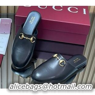 Low Cost Gucci Leather Flat Mules with Horsebit Black 849565