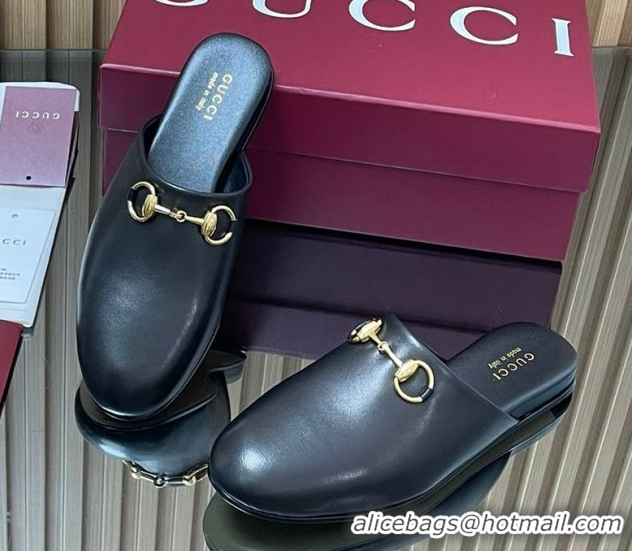Low Cost Gucci Leather Flat Mules with Horsebit Black 849565