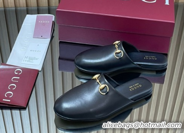 Low Cost Gucci Leather Flat Mules with Horsebit Black 849565
