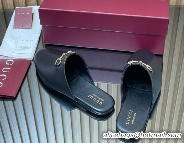 Low Cost Gucci Leather Flat Mules with Horsebit Black 849565