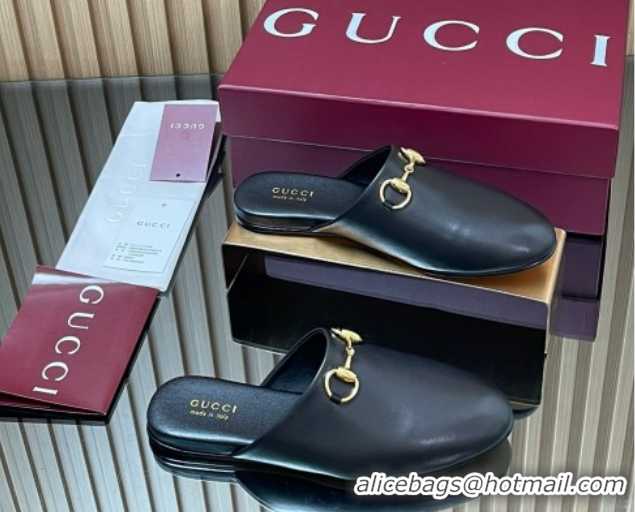 Low Cost Gucci Leather Flat Mules with Horsebit Black 849565