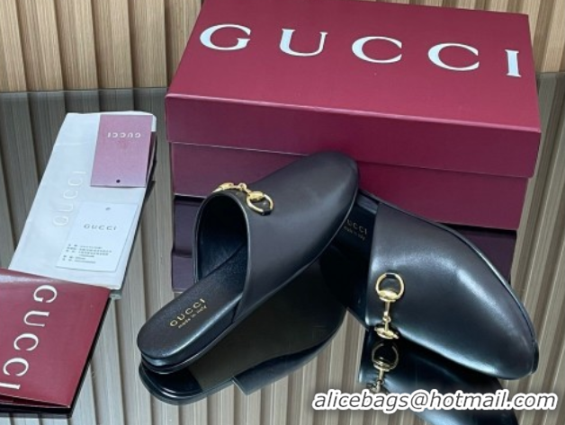 Low Cost Gucci Leather Flat Mules with Horsebit Black 849565